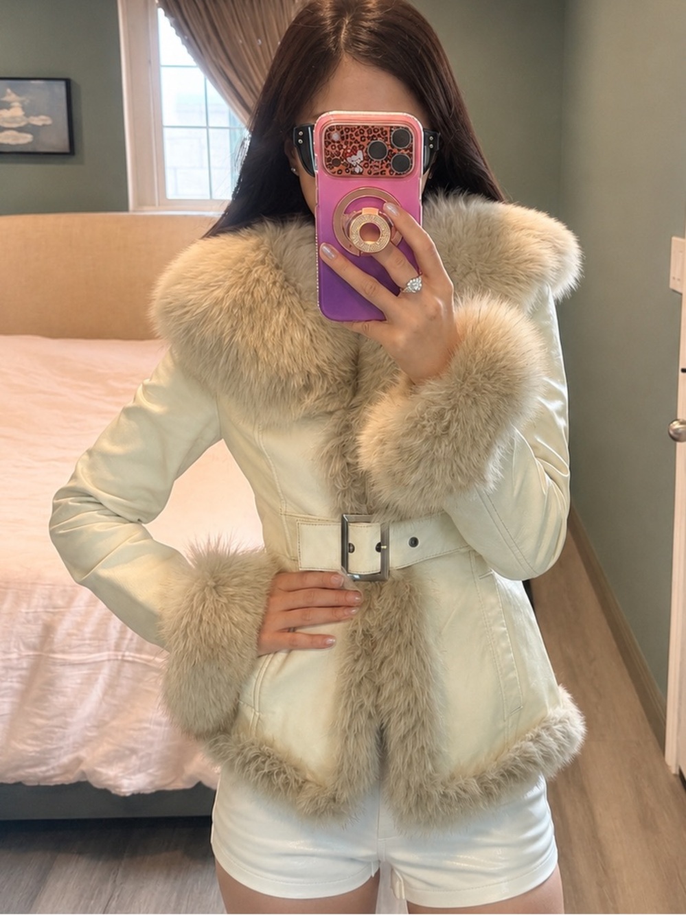 Vintage White Pigskin Leather Jacket Genuine Ivory Fox Fur Belted XS